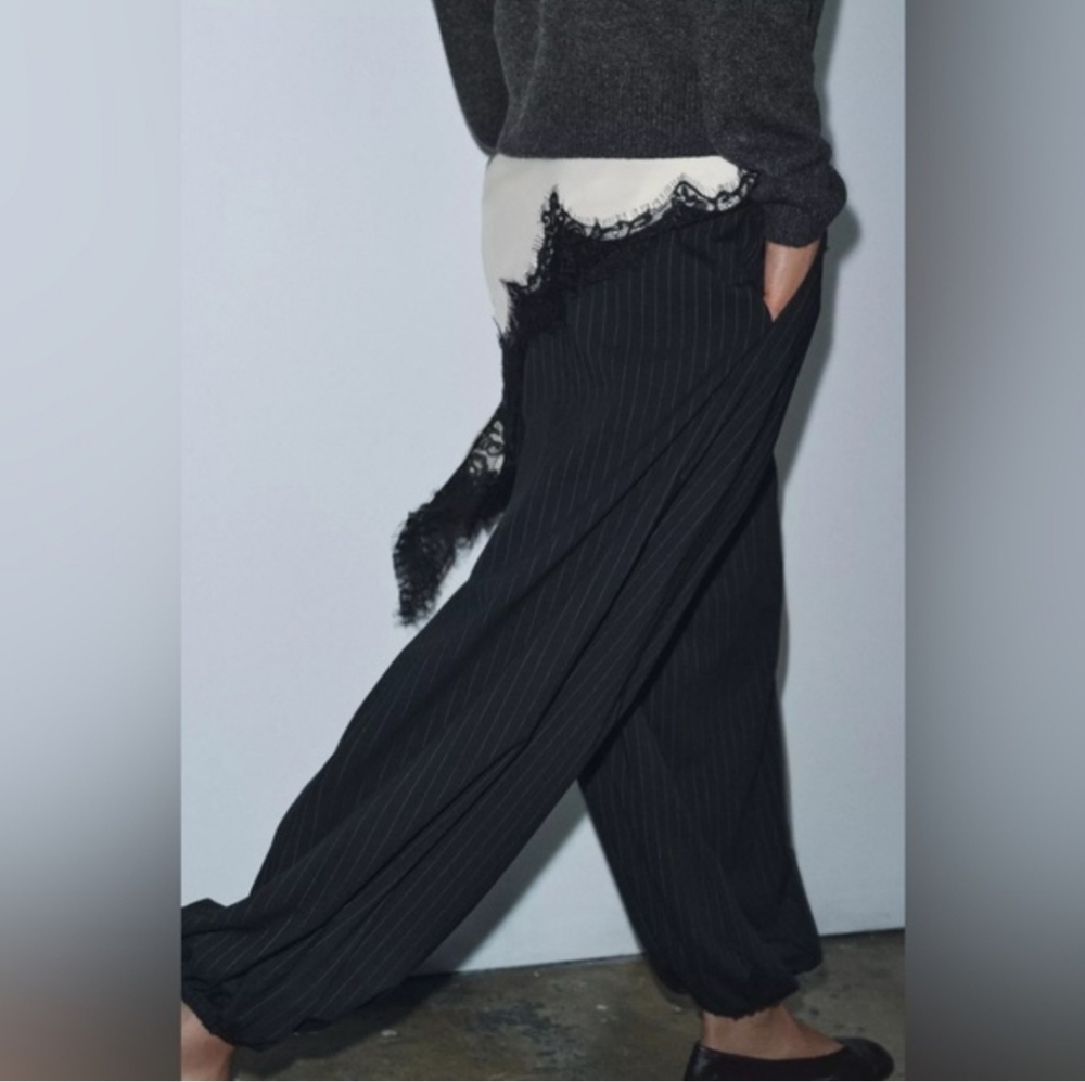 ZARA PINSTRIPE BALLOON PANTS BLUE NAVY - Picture 8 of 14